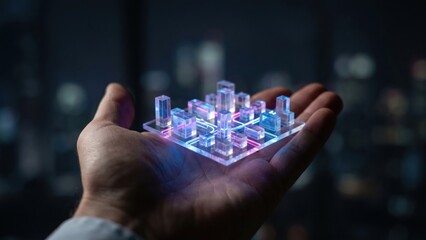 Naklejka premium Conceptual Smart City Model Illuminated with Micro Diorama in Hand