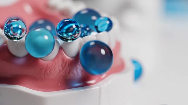 Dental Model Closeup Showing Droplet Contacting Teeth in Clear Clinic Setting