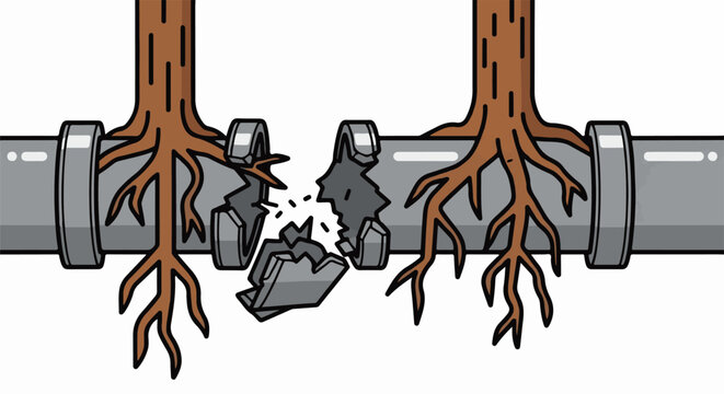 Cracked pipe with tree roots breaking through