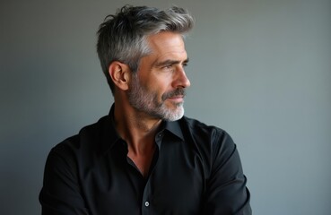 Fototapeta premium Mature man with salt and pepper hair in black shirt looking away pensively. He has stubble and a stylish, thoughtful expression, posing against a neutral studio background indoors.