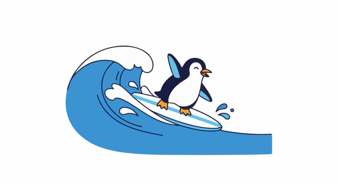 Cute penguin surfing on a wave on a surfboard