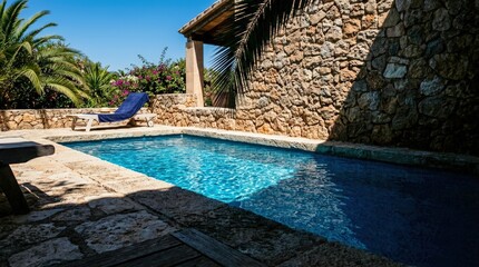 Obraz premium Luxury Private Swimming Pool with Stone Walls and Palm Trees.