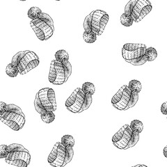 seamless pattern cloche winter hat hand drawn. fedora fleece, fur headwear, knit lined cloche winter hat black sketch illustration © PikePicture