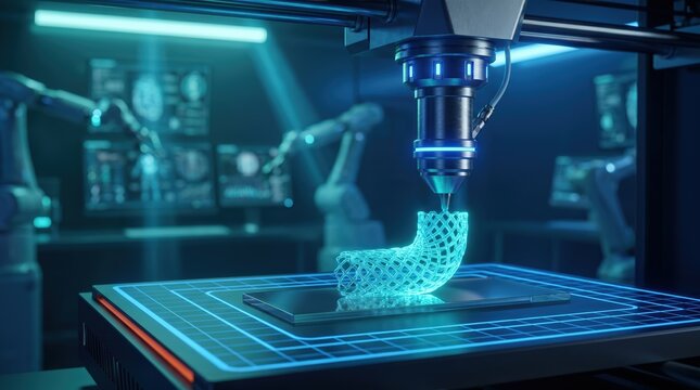 Medical 3D printing of vascular stent in futuristic high-tech laboratory. 3D render concept