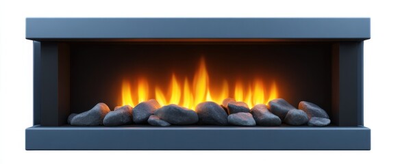 Fototapeta premium Blue modern electric fireplace with stones offers contemporary warmth for home decor.