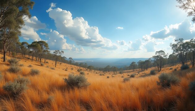 Golden grass covers hilly Australian outback. Eucalyptus trees dot the landscape under a vast blue sky with fluffy white clouds. A serene natural panorama stretches to the distant horizon.