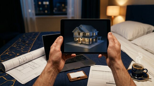 Man Holding Tablet Displaying 3D Illuminated House Model Over Architectural Blueprint and Expense Report With Laptop and Coffee on Hotel Room Bed at Night