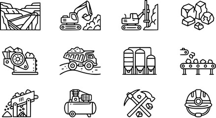 Mining Industry Line Art Icons Set: Open Pit, Excavator, Drill, Crusher, Dump Truck, Conveyor, Tools  Safety Gear. Outline Vector Collection. © syakira