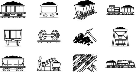 Coal Mining and Transportation Line Art Icons. Set of Outline Symbols for Mineral Extraction, Mine Carts, Wagons, Trains, and Industrial Logistics. © syakira