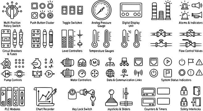 Industrial Automation  Process Control Line Art Icons Set: HMI, SCADA, Manufacturing, Engineering Equipment Symbols