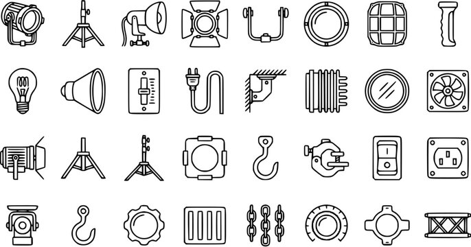 Black and White Line Art Icons of Lighting and Stage Equipment for Film and Photography