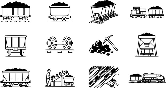 Coal Mining and Transportation Line Art Icons. Set of Outline Symbols for Mineral Extraction, Mine Carts, Wagons, Trains, and Industrial Logistics.