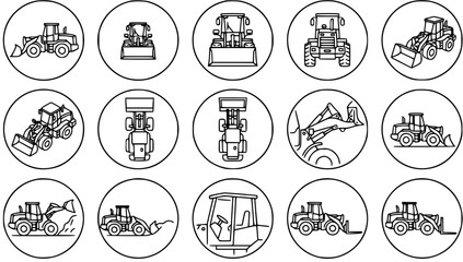 Fototapeta premium Construction Equipment Line Art Icons: Excavators, Loaders, Bulldozers, Digger - Black and White Vector Set