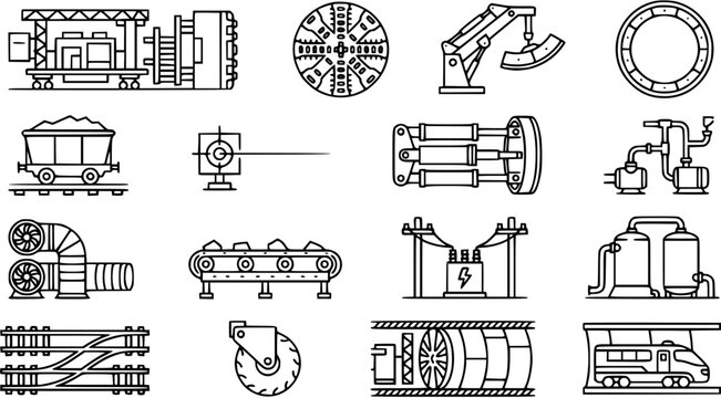 Industrial Equipment Set: Mining Tunnel Boring Machine, Coal Car, Conveyor Belt, Excavator Arm, Power Transformer, Water Pump, Train, Engineering Icons