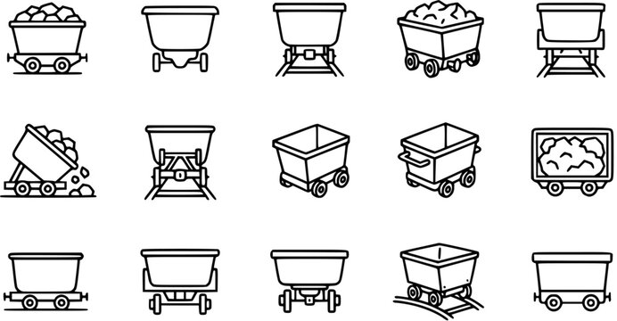 Black and White Line Art Icons of Coal Mining Carts on Tracks and Wheels