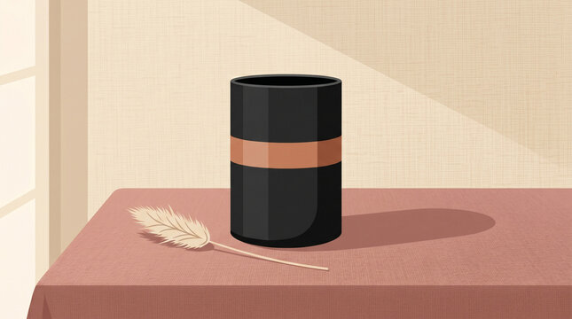 Black vase with brown stripe and feather on table