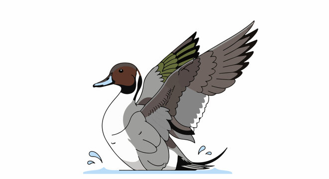 Detailed illustration of a pintail duck with wings spread, splashing water