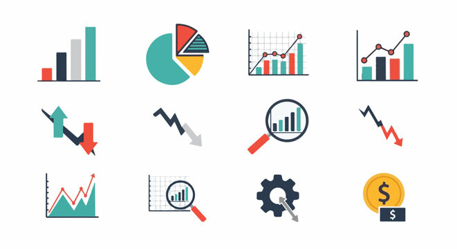 Diverse financial and data visualization icons including charts, graphs, and money symbols