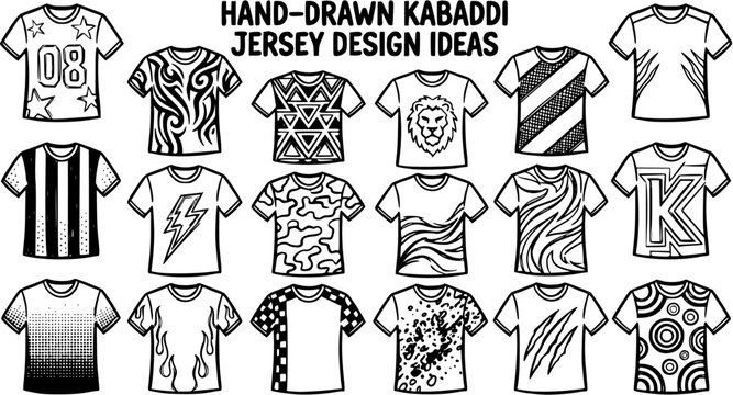 Hand-drawn Kabaddi Jersey Design Ideas - Black  White Line Art T-Shirt Illustrations Set for Sports Apparel and Team Wear