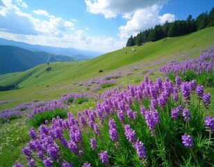 Obraz premium Purple wildflowers blanket green mountain slopes. Blue sky with white clouds above rolling hills and distant trees. Serene natural landscape.