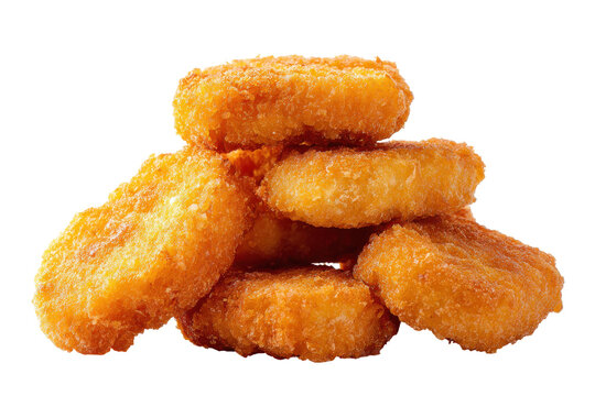 Crispy golden fried chicken nuggets piled up isolated on transparent background. Stack of golden brown chicken nuggets cookies with crumbly texture isolated on white background.