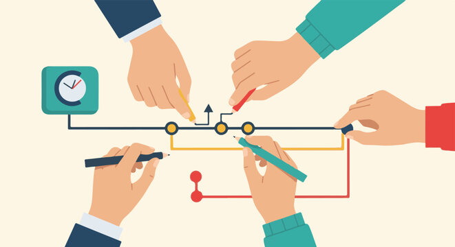 Diverse hands collaborate on a complex flowchart with a clock icon