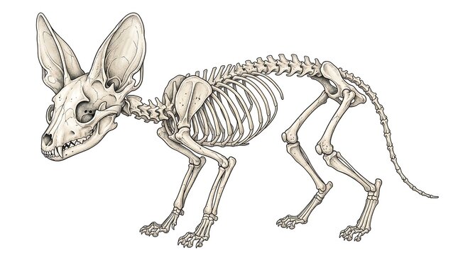 Ancient desert fox skeleton illustration, oversized ears supported by delicate bone structures, curved vertebrae, realistic paw anatomy, fine cracks and porous bone texture, clean 2d scientific art st