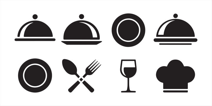 Minimalist culinary black silhouette icon set featuring food and dining symbols,Set of eight black and white minimalist food cloche and plate icons for restaurant menus and catering services