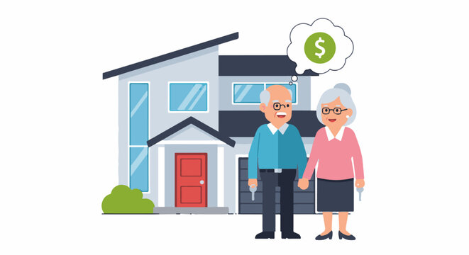 Elderly couple with house and money thought bubble