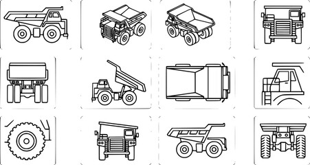 Black and White Line Art Collection of Various Dump Trucks and Truck Parts in Vector Format © amara