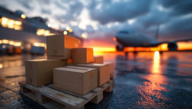 Cargo boxes on wooden pallet at airport with cloudy sky and airplane during sunset providing an industrial logistics and transportation background