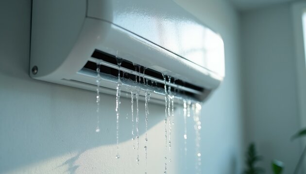 Indoor air conditioner unit malfunctions leaking water. Condensation drips from unit, creating moisture problem. Home appliance needs repair for cooling.
