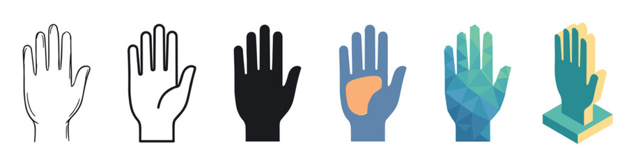 Obraz premium Human hand palm gesture icons in various styles including outline, solid, flat, low poly, and isometric vector illustration