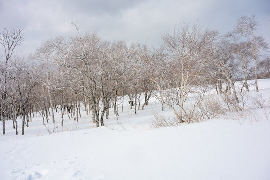 The natural view from the Mashu lake observation desk is covered in snow in winter in Hokkaido.