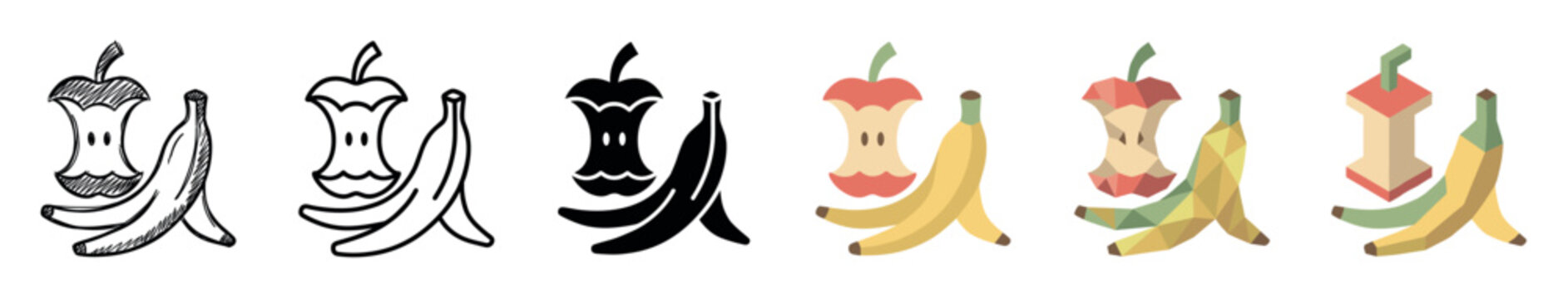 Apple core and banana peel food waste icons in various styles including doodle, outline, glyph, flat, low poly, and isometric vector illustration