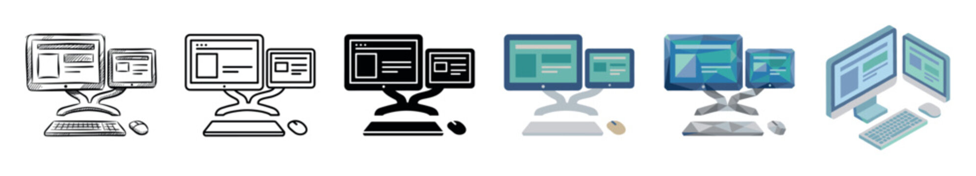 Computer monitors keyboard mouse icons in various styles including sketch, outline, glyph, flat, low poly, and isometric vector illustration