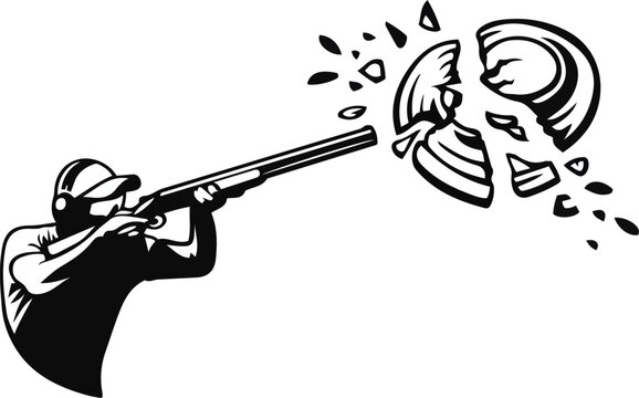 Dynamic sporting clays shooting scene with athlete aiming at flying clay targets in competitive outdoor sport style