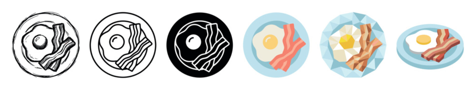 Fried egg and bacon breakfast icons in various styles including hand-drawn, outline, glyph, flat, low poly, and isometric vector illustration
