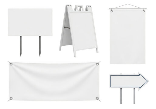 Collection of blank white signage including yard signs, an a-frame sidewalk board, a hanging vertical banner, and a directional arrow sign