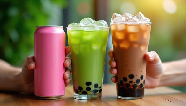 People hold iced bubble drinks and a pink can. Sweet matcha and chocolate milk tea with boba pearls, ice cubes. Refreshing beverages for summer days.