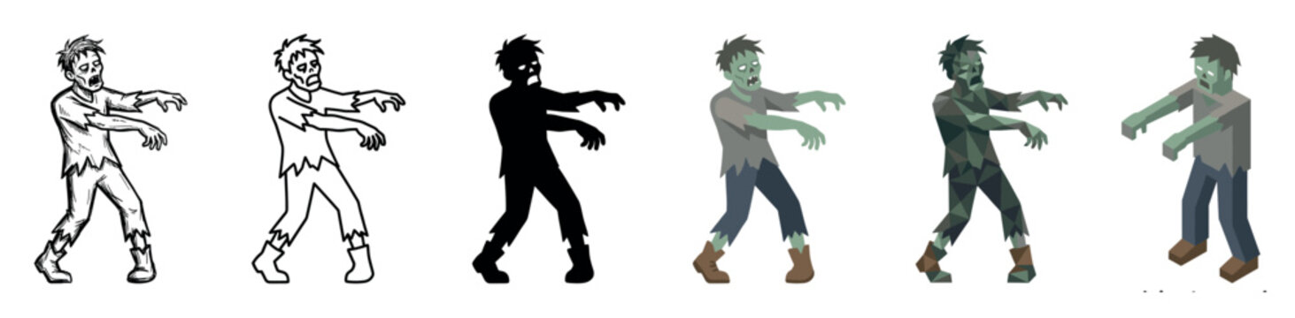 Zombie monster character in various styles including hand-drawn, outline, silhouette, flat, low poly, and isometric vector illustration set