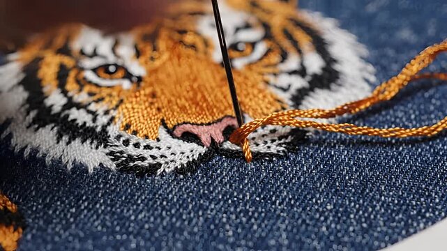 Closeup of hands embroidering a tiger face on denim fabric with needle and thread.