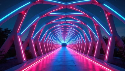 Fototapeta premium Futuristic tunnel with pink and blue neon lights glowing at night. Modern architecture creates a path into darkness with stars visible above.
