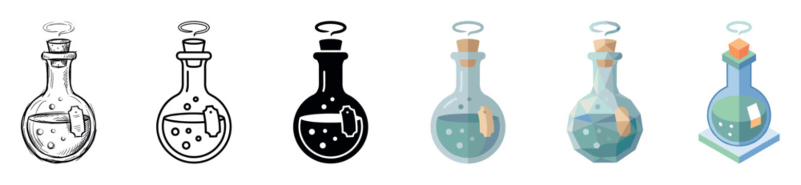 Magic potion bottle icons in various styles including sketch, outline, glyph, flat, low poly, and isometric vector illustration