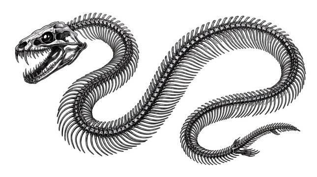 Deep sea serpent skeletal structure, glowing translucent bone effect, elongated spine with hundreds of vertebrae, intricate jaw bones, flowing underwater composition, highly detailed 2d illustration