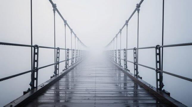 A long suspension bridge with a wet wooden deck vanishes into dense, mysterious white fog, creating a sense of infinite perspective.