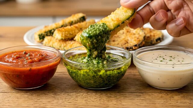 Hand Dipping Zucchini Stick Into Pesto Sauce, Three Dipping Sauces, Macro Food Close-Up Video