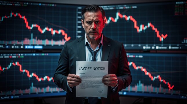 A distraught businessman holds a layoff notice before screens showing a crashing stock market, symbolizing financial crisis and job loss.