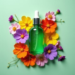Fototapeta premium Green serum bottle with dropper rests among vibrant cosmos flowers. Natural beauty product surrounded by colorful petals, fresh botanical arrangement for skincare.