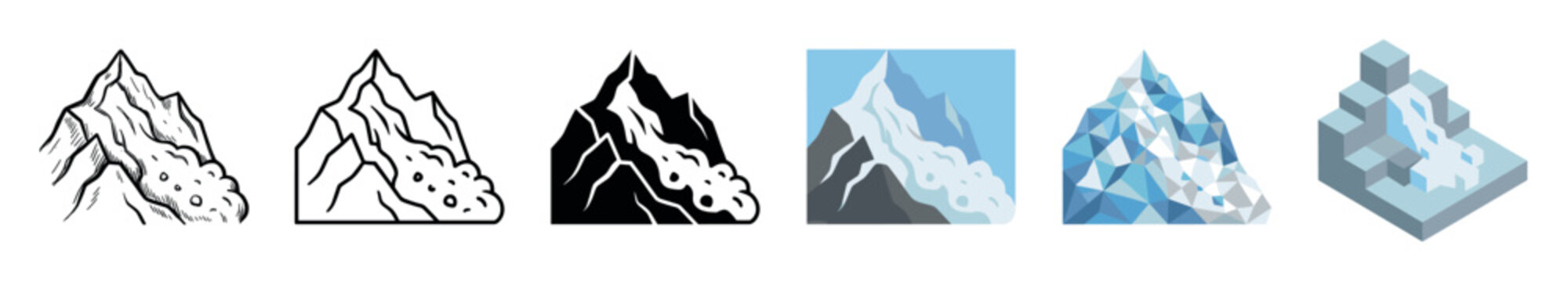 Mountain avalanche snow landslide icons set in various styles including hand drawn, line, glyph, flat, polygonal, and isometric vector illustrations